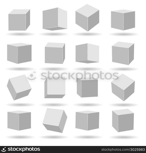 White cubes blocks models. White cubes. Geometry modeling cube set isolated on white background, miscellaneous angles dimensional and perspective vector blocks models