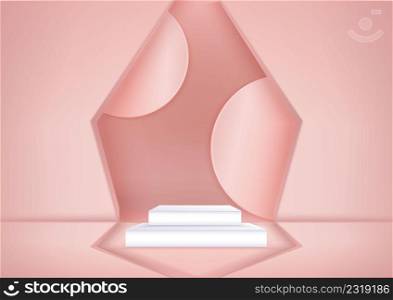 White cubes display product overlapping pedestal or stand podium. Abstract 3D product background with soft pink circle wall scene. Vector illustration