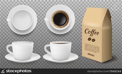 White cup mockup. Realistic blank and coffee mug, arabica grains packaging. Isolated drink shop elements vector template. Illustration white mug ad cup with black coffee. White cup mockup. Realistic blank and coffee mug, arabica grains packaging. Isolated drink shop elements vector template