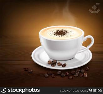 White cup of hot coffee with cinnamon on saucer and beans on wooden table realistic vector illustration