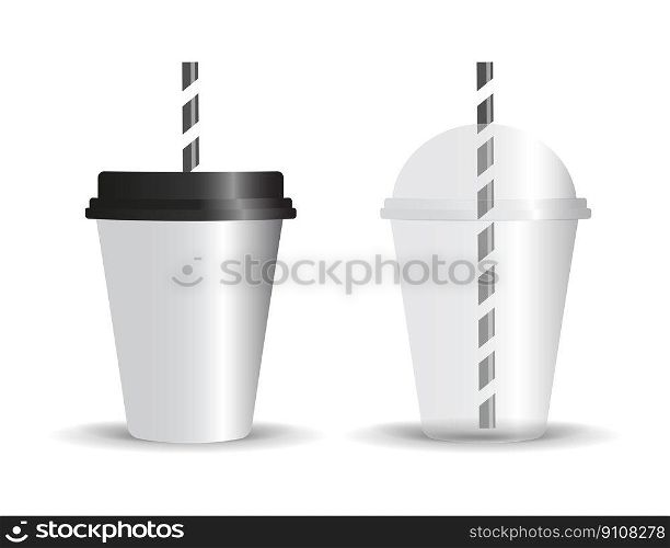 White cup with black lid and straw and transparent cup with straw for ice drinks and cocktails Vector design.