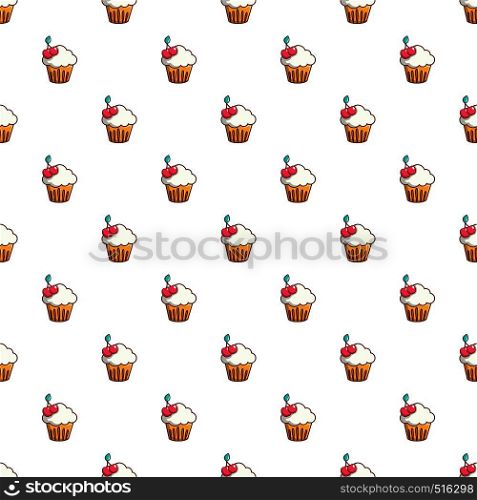 White cupcake with cherries pattern seamless repeat in cartoon style vector illustration. White cupcake with cherries pattern