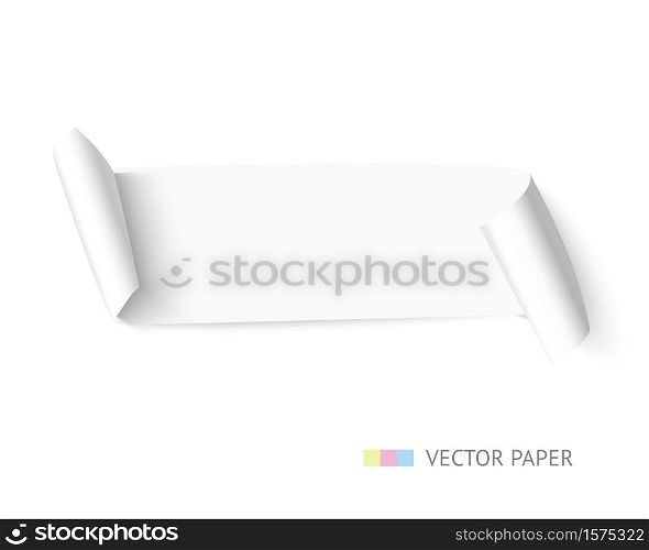 White curved paper ribbon banner with paper scroll isolated on white background. Realistic vector paper with shadow template for promo and sale.. White paper curved web banner with roll