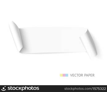 White curved paper ribbon banner with paper scroll isolated on white background. Realistic vector paper with shadow template for promo and sale.. White paper curved web banner with roll