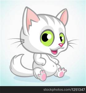 White cute kitty with green eyes sitting. Vector cartoon cat illustration