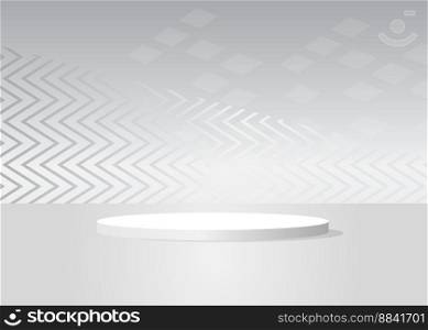 White cylinder pedestal podium. Abstract Mockup product display. Stage showcase for product display presentation. Realistic vector 3D room. Futuristic Sci-fi minimal geometric forms, empty scene.