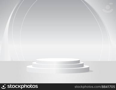 White cylinder pedestal podium. Abstract Mockup product display. Stage showcase for product display presentation. Realistic vector 3D room. Futuristic Sci-fi minimal geometric forms, empty scene.