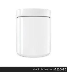 White cylinder vector mockup. Isolated plastic round bottle. Protein powder can, white canister template. Glossy supplement package template, medical pil pharmacy tablets design. Health nutrition tin. White cylinder vector mockup. Isolated plastic round bottle