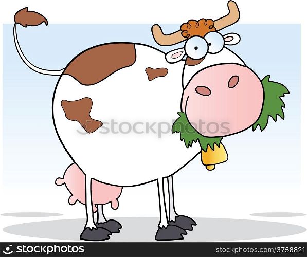 White Dairy Cow Cartoon Character Chewing On A Grass