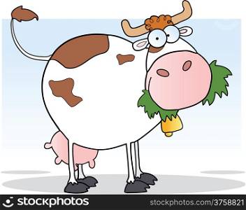 White Dairy Cow Cartoon Character Chewing On A Grass