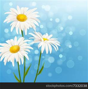 White daisy flowers on a blue sky background. Spring floral background. Vector illustration.