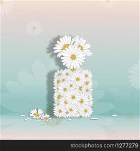 White daisy in perfume shape on pink and green pastel, Blooming spring flowers on blurry background with copy space for message,Greeting card for Valentine's Day,Woman's Day and Mother's Day holiday