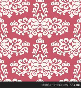 White damask ornament on pink background seamless pattern. Islamic ornament decorative texture. Pink, white color. Islamic ornament decorative texture. For fabric, wallpaper, packaging.. White damask ornament on pink background