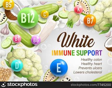 White day of color rainbow diet, organic nutrition and multivitamins of eating program, vector. Rainbow diet vitamins and mineral for immune support with healthy vegetables, fruits and nuts. White day, color rainbow diet, immune support food