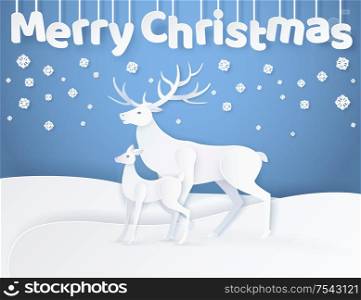 White Deer and fawn standing on snowy ground at night. Hanging down Merry Christmas greeting decorated with snowflakes and animals in flat style vector, paper art and craft style. White Merry Christmas Card, Deer and Fawn Vector