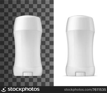White deodorant stick with closed cap, vector realistic 3d mockup template. Men or woman blank antiperspirant deodorant stick, skincare and hygiene product, isolated on transparent background. Deodorant antiperspirant, white mockup object