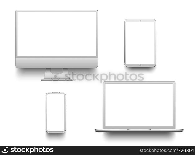 White desktop computer display screen smartphone tablet portable notebook or laptop. Outline mockup electronics devices phone monitor lines realistic simple isolated 3d vector set. White desktop computer display screen smartphone tablet portable notebook or laptop. Mockup electronics devices vector set