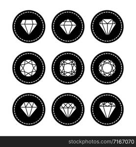 White diamonds icons in black circles, vector set. White diamonds icons set