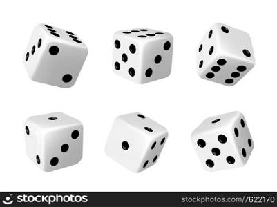 White dices with black dots set. Pipped dices with rounded corners. Die for casino craps, table or board games, luck and random choice symbol from different sides view, isolated 3d realistic vector. Casino dices, die for table games realistic vector