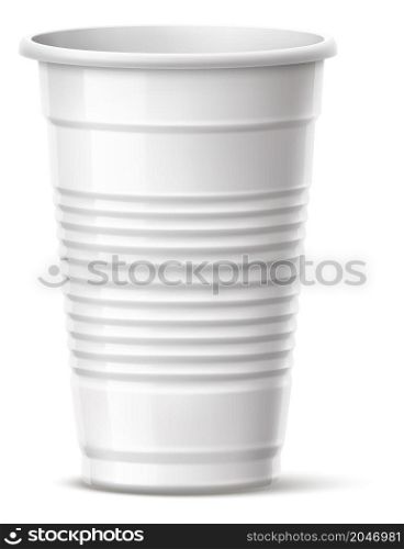 White disposable cup. Plastic mug container mockup in realistic style isolated on white background. White disposable cup. Plastic mug container mockup in realistic style