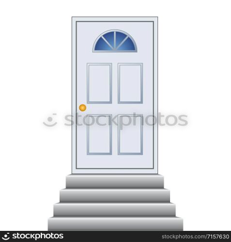White door with glass window and stairs, stock vector illustration