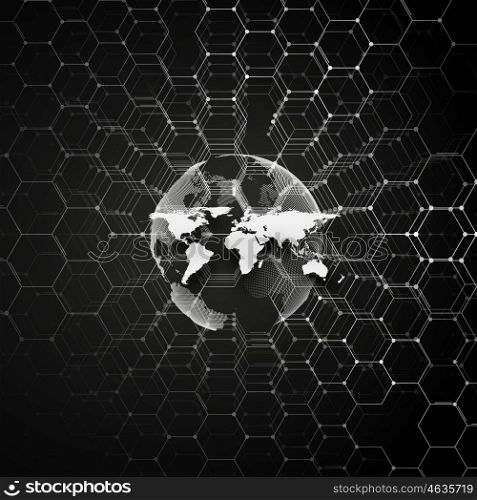 White dotted world globe, connecting lines and dots on black color background. Chemistry pattern, hexagonal molecule structure, scientific or medical research. Medicine, science, technology concept. Abstract design vector decoration.