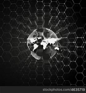 White dotted world globe, connecting lines and dots on black color background. Chemistry pattern, hexagonal molecule structure, scientific or medical research. Medicine, science, technology concept. Abstract design vector decoration.