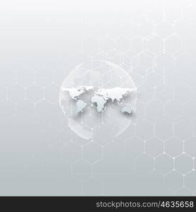 White dotted world globe, connecting lines and dots on gray color background. Chemistry pattern, hexagonal molecule structure, medical research. Medicine, technology concept. Abstract design vector decoration.