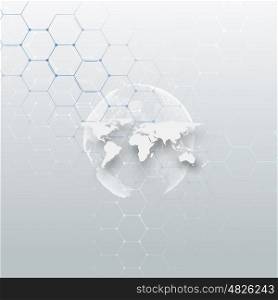White dotted world globe, connecting lines and dots on gray color background. Chemistry pattern, hexagonal molecule structure, medical research. Medicine, technology concept. Abstract design vector decoration.