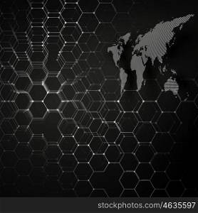 White dotted world map, connecting lines and dots on black color background. Chemistry pattern, hexagonal molecule structure, scientific or medical research. Medicine, science, technology concept. Abstract design vector decoration.