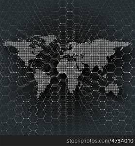 White dotted world map, connecting lines and dots on black color background. Chemistry pattern, hexagonal molecule structure, scientific or medical research. Medicine, science, technology concept. Abstract design vector decoration.