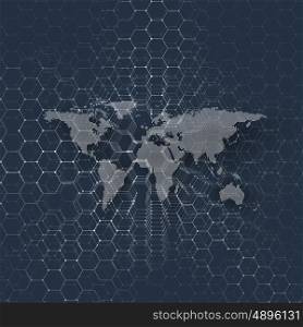 White dotted world map, connecting lines and dots on blue background. Chemistry pattern, hexagonal molecule structure, medical research. Medicine, technology concept. Abstract design vector decoration