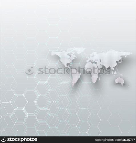 White dotted world map, connecting lines and dots on gray color background. Chemistry pattern, hexagonal molecule structure, medical research. Medicine, technology concept. Abstract design vector decoration.