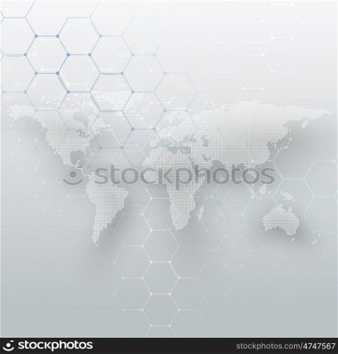 White dotted world map, connecting lines and dots on gray color background. Chemistry pattern, hexagonal molecule structure, medical research. Medicine, technology concept. Abstract design vector decoration.