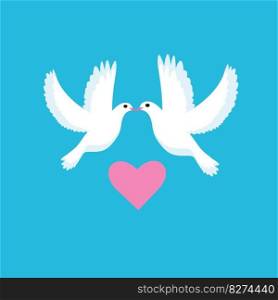 white doves kissing on a blue background and a pink heart 