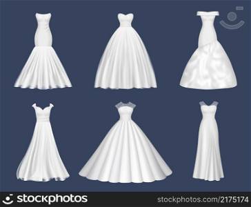 White dresses. Wedding clothes for beauty woman fashion dresses for brides evening party decent vector realistic pictures. Illustration white bride wedding dress, beauty and elegance female. White dresses. Wedding clothes for beauty woman fashion dresses for brides evening party decent vector realistic pictures