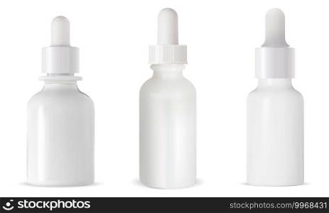 White dropper bottle. Cosmetic eye serum mock up. 3d vector eyedropper packaging mockup. Small vial template with dropper pipette. luxury aroma flask blank for face skin care. White dropper bottle. Cosmetic eye serum mock up