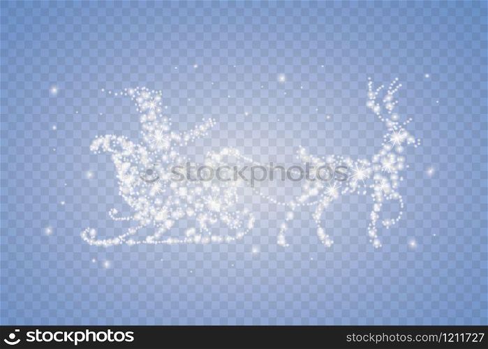 White dust star traces of sparkling particles in the form of a deer and and santa claus, sleigh isolated on a transparent background. Magic concept. Christmas. New Year. White dust star traces of sparkling particles in the form of a deer and and santa claus, sleigh isolated on a transparent background. Magic concept. Christmas. New Year.