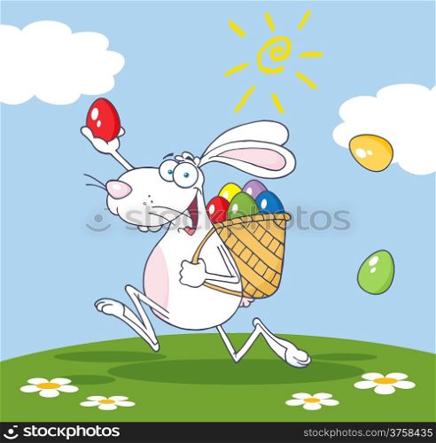 White Easter Cartoon Rabbit Running With A Basket And Egg