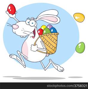 White Easter Rabbit Running With A Basket And Egg