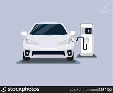 White Electric car modern electric smart car at charging station with plug-in cable. isolated on grey background. Green Energy concept. vector illustration of future transport electric emo.
