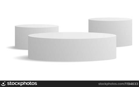 White ellipse cylinder vector mockup with shadow. 3d minimalist contest pedestal isolated on a background. Podium platform for the item or award winner. Realistic geometric illustration