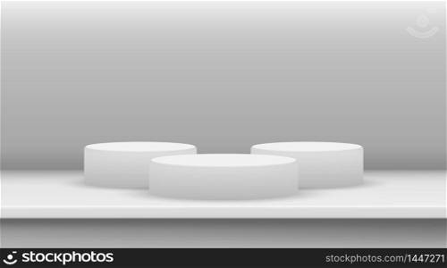 White ellipse cylinder vector mockup with shadow in studio. 3d minimalist contest pedestal isolated on a background. Podium platform for the item or award winner. Realistic geometric illustration