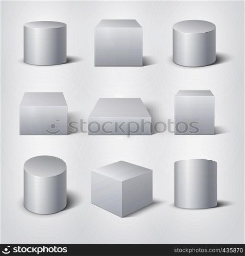 White empty 3D cylinders and cubes. Vector product podiums template. Cylinder geometric element, shape geometry figure collection illustration. White empty 3D cylinders and cubes. Vector product podiums template