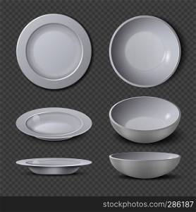 White empty ceramic plate in different points of view isolated vector illustration. Plate and dish clean for kitchen, porcelain dishware. White empty ceramic plate in different points of view isolated vector illustration