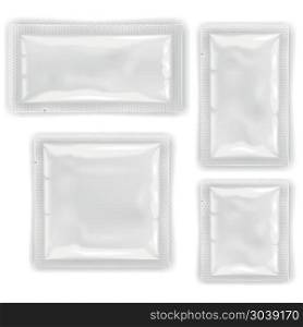 White empty foil, plastic packaging for cosmetics and food vector templates, design mockups. White empty foil, plastic packaging for cosmetics and food vector templates, design mockups sealed package for wipes or condom illustration