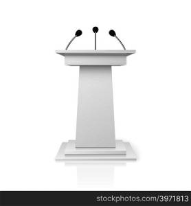 White empty podium tribune for public speech with microphones vector illustration. Pedestal lecture and public stand. White empty podium tribune for public speech with microphones vector illustration
