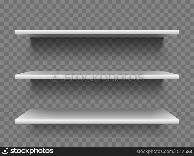 White empty product shelves. Supermarket display, promotional store retail supermarket products shelf, blank showcase or bookstore market bookcase 3D realistic vector isolated template. White empty product shelves. Supermarket display, promotional store shelf vector template