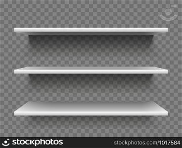 White empty product shelves. Supermarket display, promotional store retail supermarket products shelf, blank showcase or bookstore market bookcase 3D realistic vector isolated template. White empty product shelves. Supermarket display, promotional store shelf vector template
