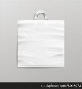 White Empty Reusable Plastic Shopping Bag With Handles. Close Up Mock Up. Vector Illustration. Empty Reusable Plastic Shopping Realistic Bags Set With Handles. Close Up Mock Up. Vector